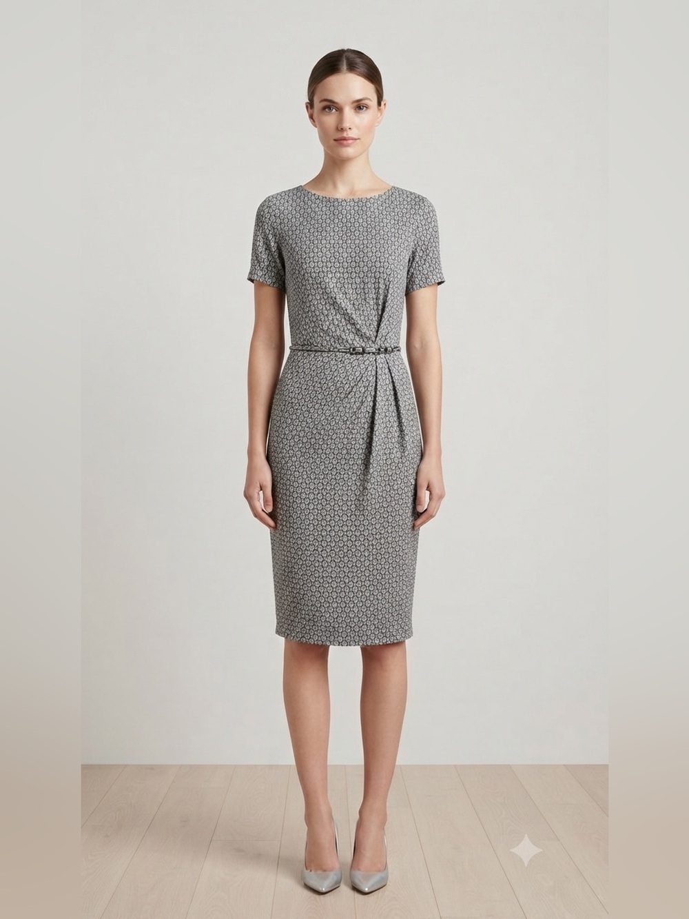 Weekend Max Mara Grey Geometric Print Sheath Dress Belted Ruched Casual Workwear